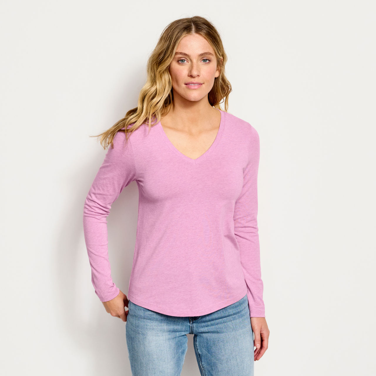 Perfect Relaxed V-Neck Long-Sleeved Tee - PINK LEMONADE HEATHER image number 0