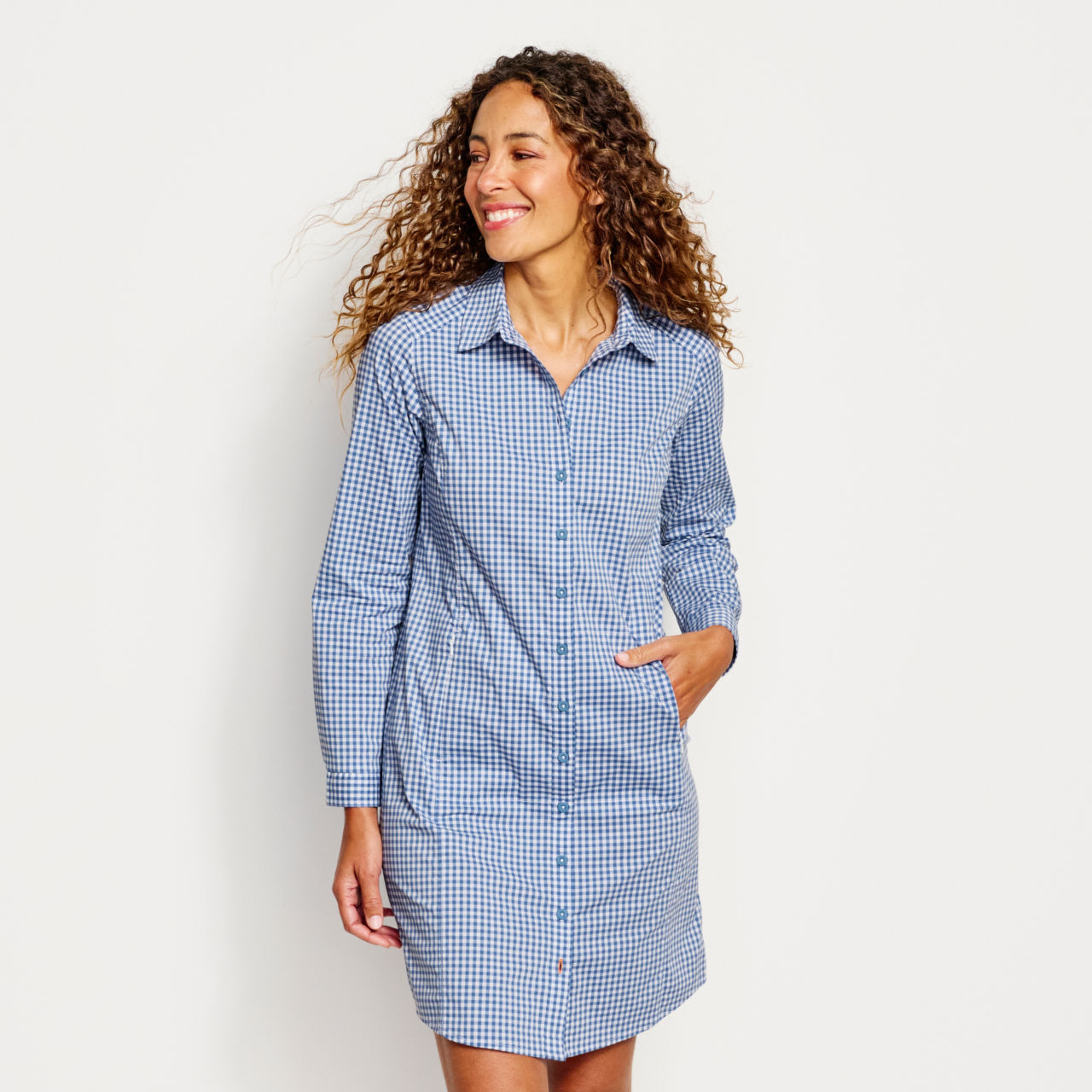 River Guide Long-Sleeved Dress - DUSTY BLUE CHECK image number 0