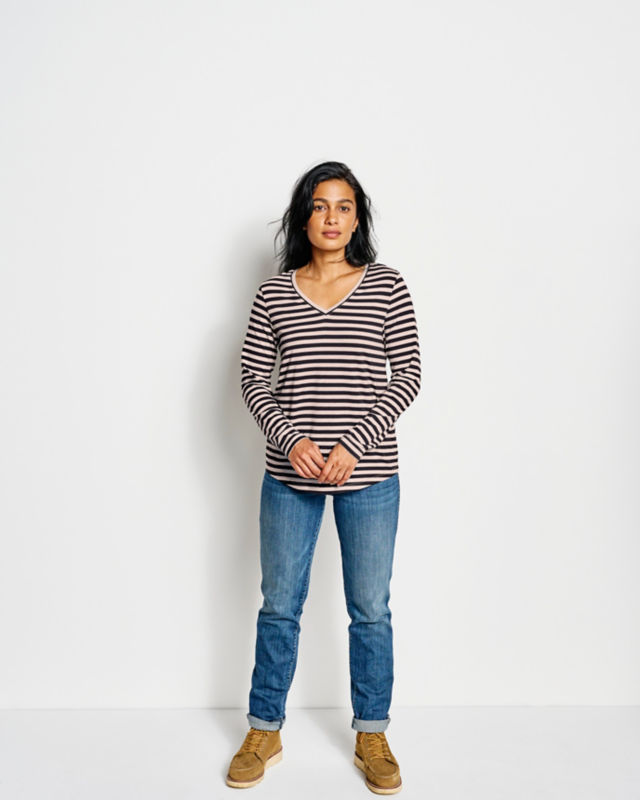 Perfect Relaxed V-Neck Long-Sleeve Tee - DARK VICUNA STRIPE image number 1