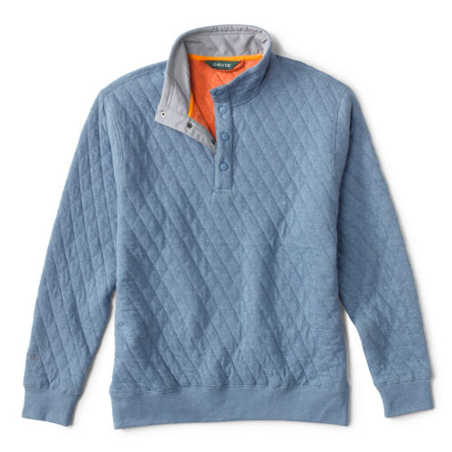A light blue quilted snap-front sweatshirt with an orange interior.