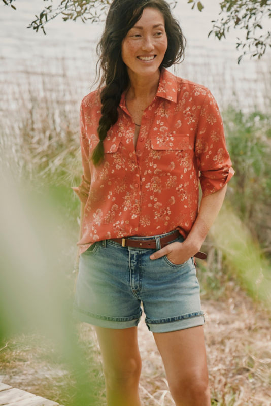 Washable Silk Long-Sleeve Shirt - PAPAYA FLOATING FLORAL