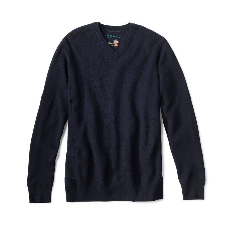 Merino Piqu&eacute; V-Neck Sweater - TRUE NAVY image number 1