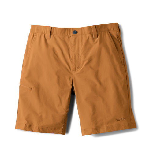 A pair of golden brown shorts.