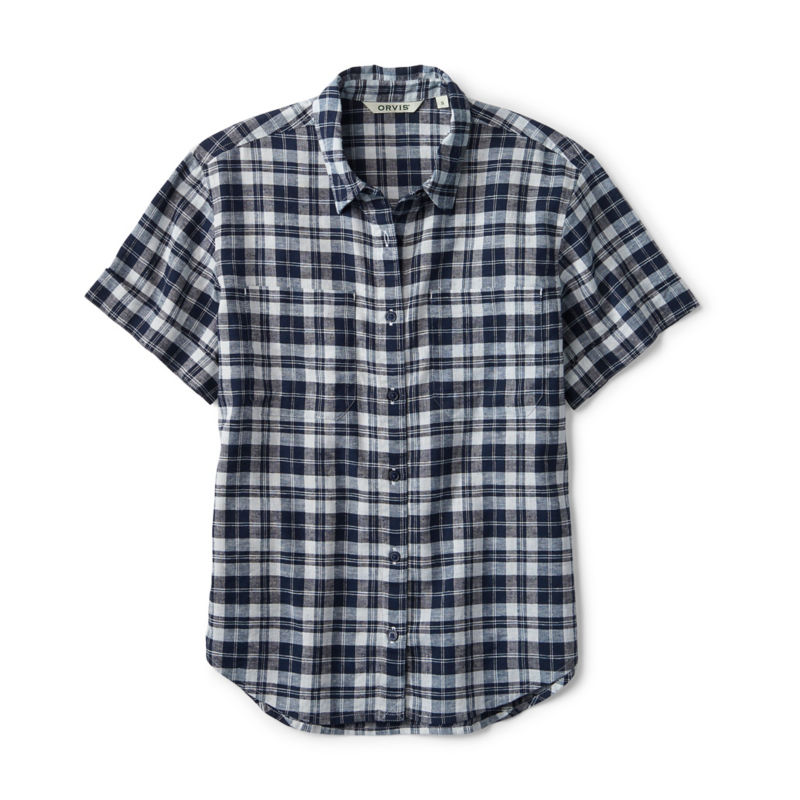 Performance Linen Short-Sleeve Camp Shirt - NAVY PLAID image number 6
