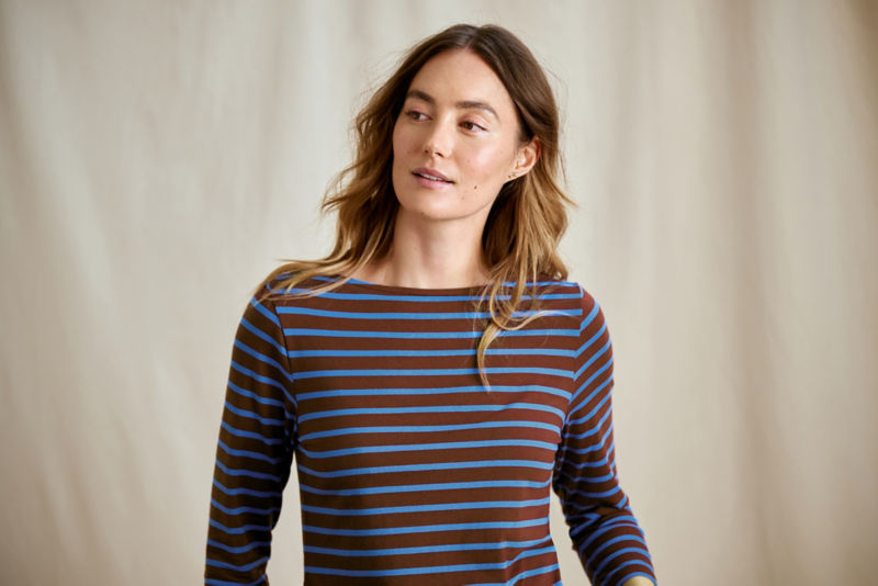 Perfect 3/4-Sleeve Boatneck Tee - RAISIN/BLUE JAY STRIPE image number 1