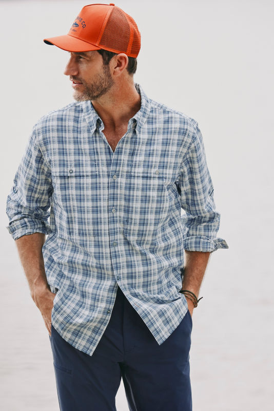 Men's Open Air Caster Plaid Long-Sleeve Shirt - TRUE NAVY/WHITE image number 3