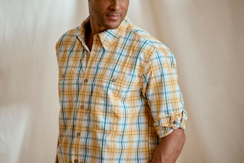 Men's Open Air Caster Plaid Long-Sleeve Shirt - TANGERINE/PEACOCK image number 1