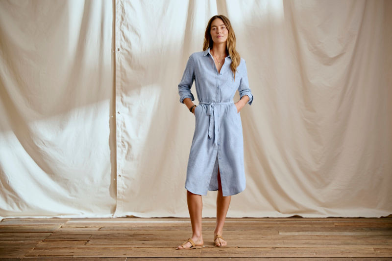 Performance Linen Midi Shirt Dress - MOSS image number 1