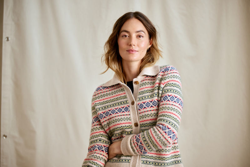 Fair Isle Patterned Brushed Cashmere Cardigan - BARLEY HEATHER image number 1