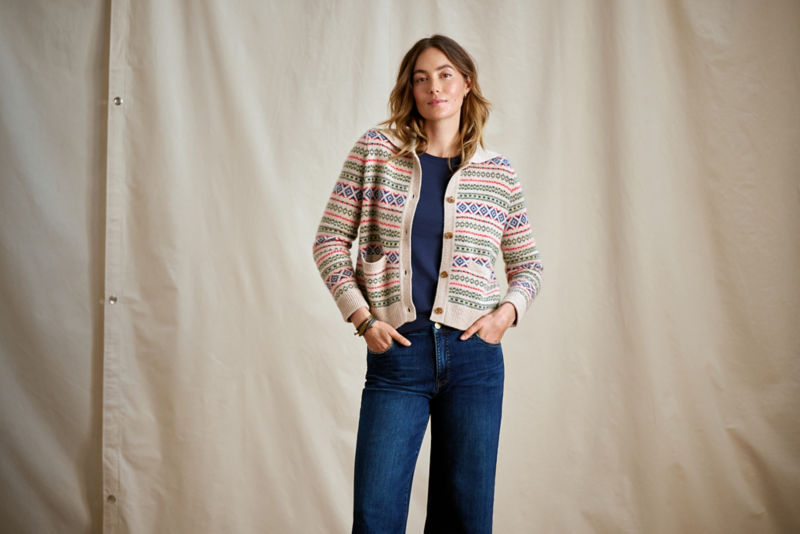 Fair Isle Patterned Brushed Cashmere Cardigan - BARLEY HEATHER