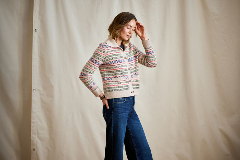 Fair Isle Patterned Brushed Cashmere Cardigan - BARLEY HEATHER image number 3