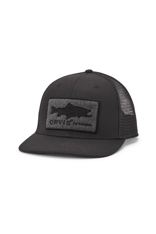 A black ball cap with a black fuzzy Orvis logo and graphic fish also in black.