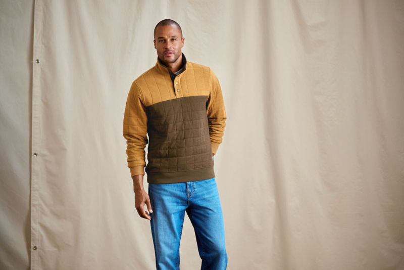 Men&rsquo;s Battenkill Colorblock Quilted 1/4-Snap Sweatshirt - FIELD KHAKI/ESPRESSO