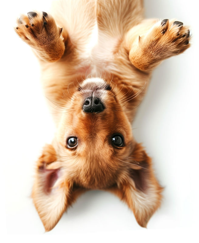 A cute fluffy dog face looking out upside down.