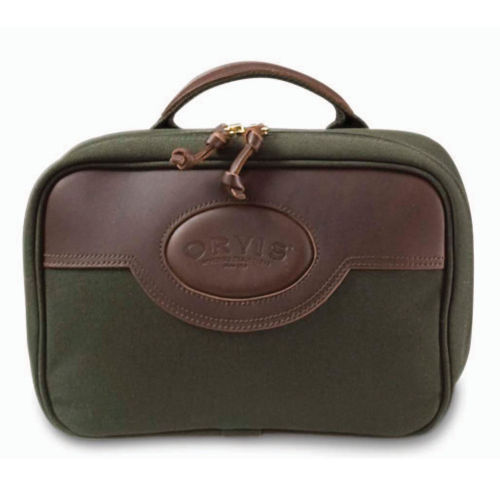 A leather and green canvas toiletry case