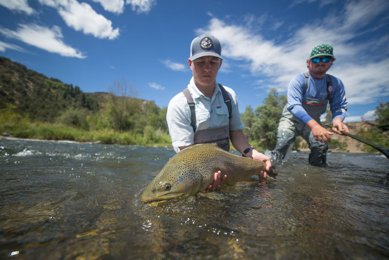 Man holding large trout in a river in Colorado.