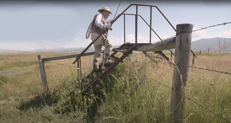 An elderly man in fishing gear uses a ladder to traverse a fence.