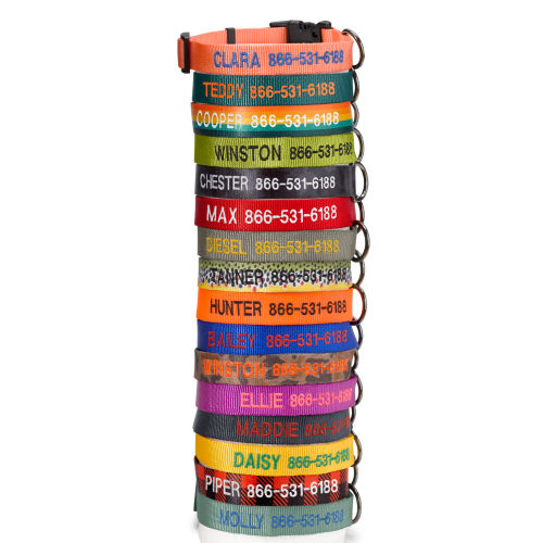 Colorful collars stacked into a tall cylinder.