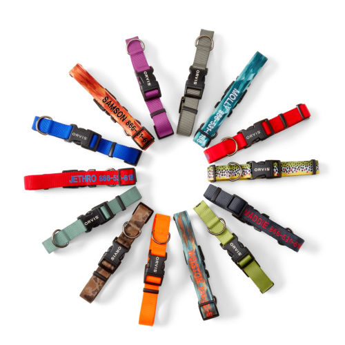 Colorful collars in a pinwheel on a white background.