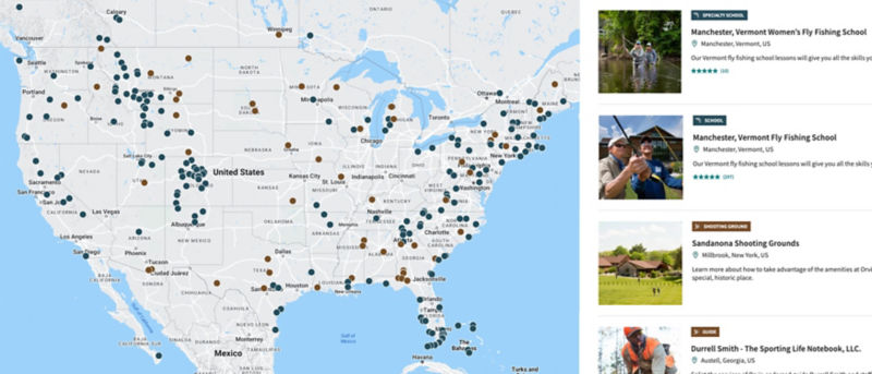 Map of United States with pins indicating locations of Orvis Trips & Schools