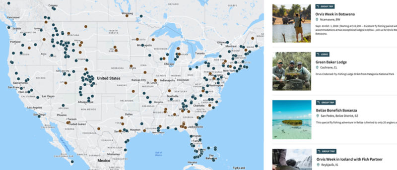 Map of United States with pins indicating locations of Orvis Trips & Schools