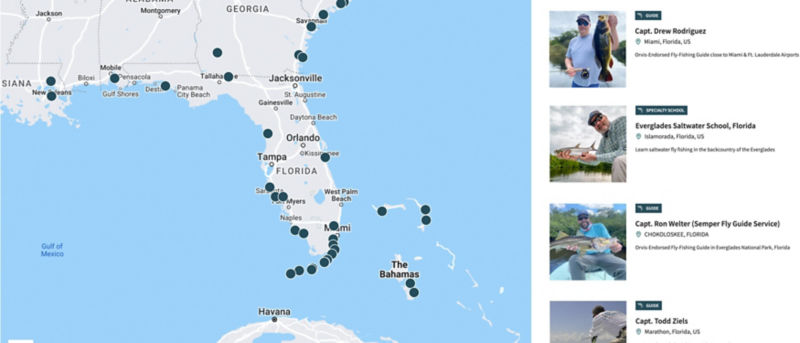 Map of Florida with pins indicating locations of Orvis Trips & Schools