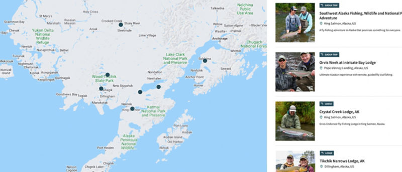 Map of Alaska with pins indicating locations of Orvis Trips & Schools