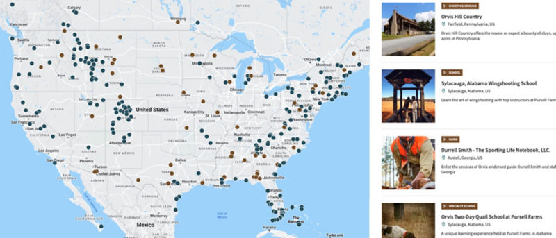  Map of United States with pins indicating locations of Orvis Trips & Schools