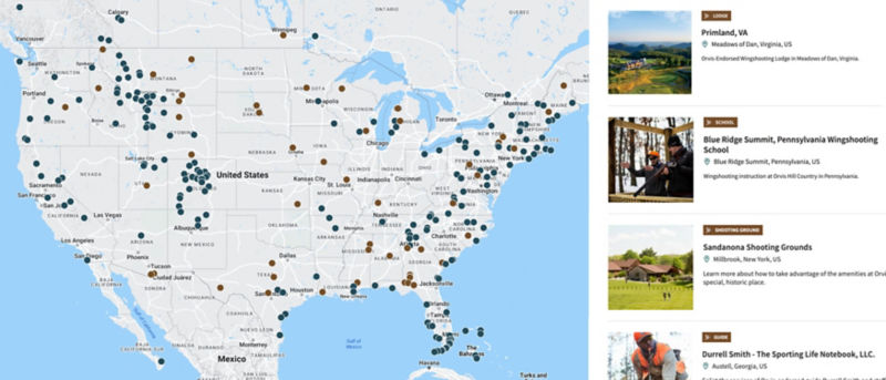 Map of United States with pins indicating locations of Orvis Trips & Schools