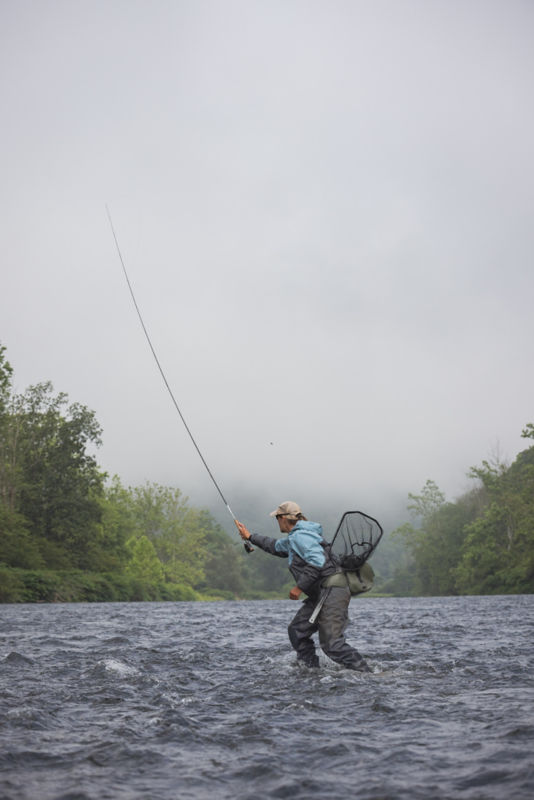 A fresh water angler casts her fly rod from knee-deep in a frothy river.