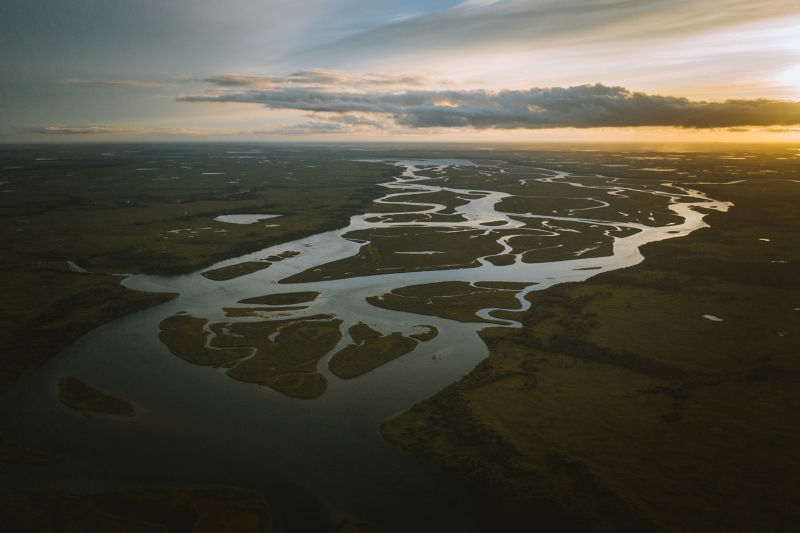 An aerial view of winding waterways of Bristol Bay, AK.