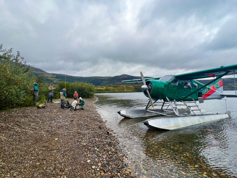 A group of anglers set up to fly fish next to a float plane tied to the shore.