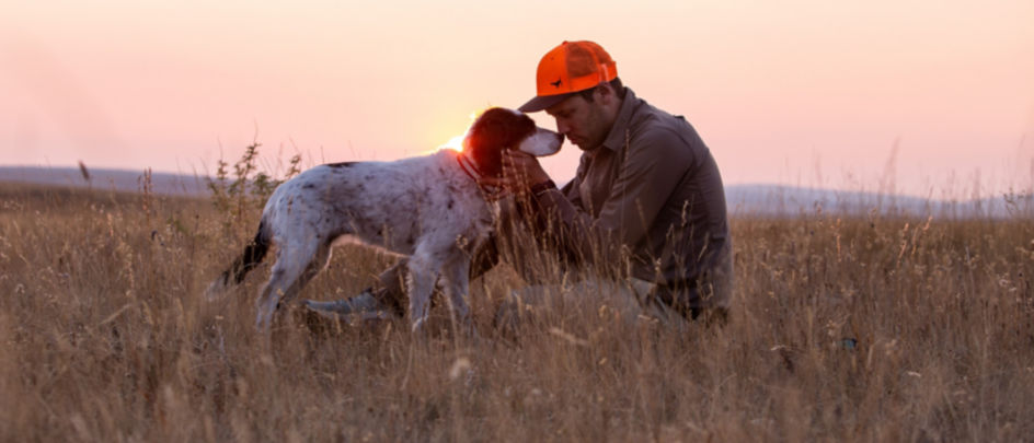 Simon Perkins with his bird dog, Copa, in a field of dry grass at sunrise