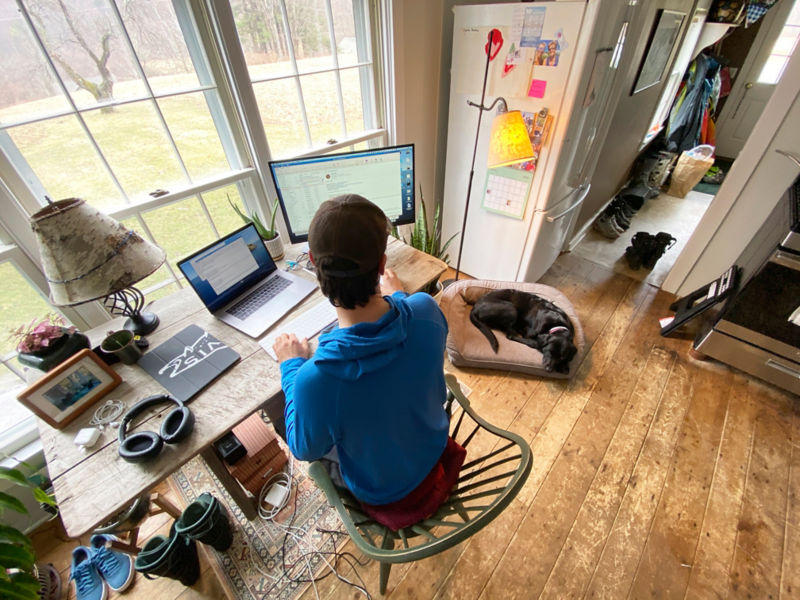 A man at his desk in his home office next to his dog asleep in a dog bed.