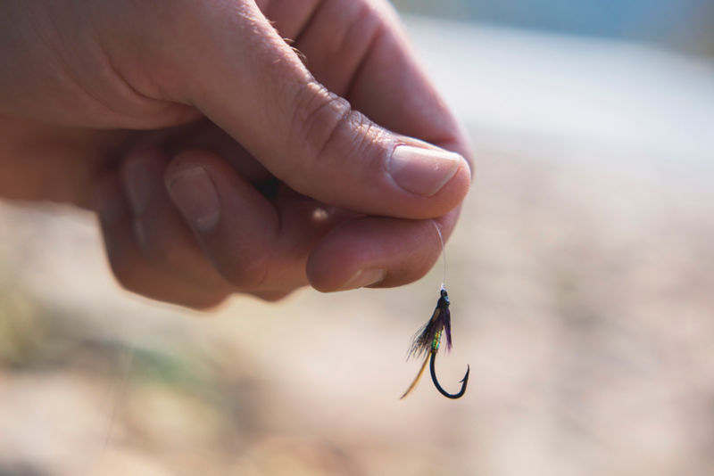 A close-up of fingers holding a fly tied to a line.