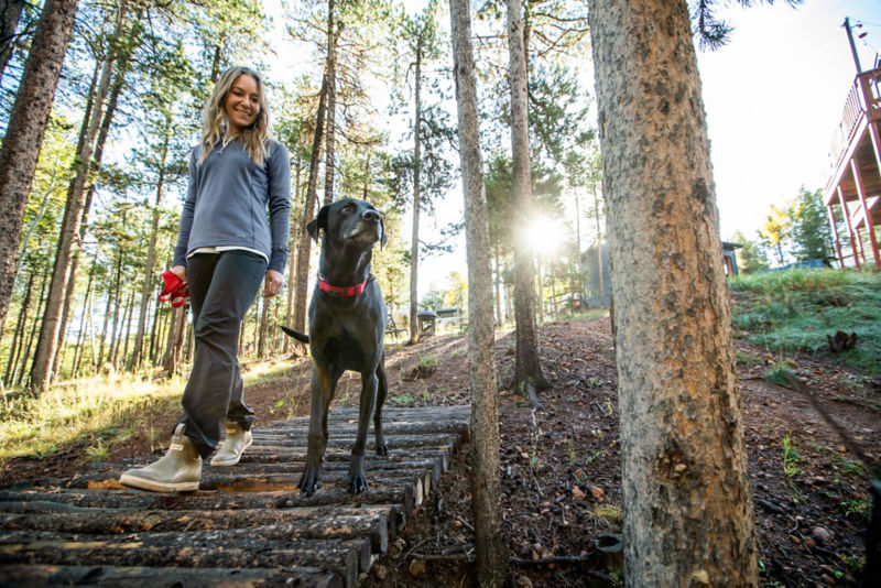 A woman and her black dog outside walking down wooden steps in the woods.