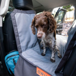 A dog standing on a seat protector in the back of a car