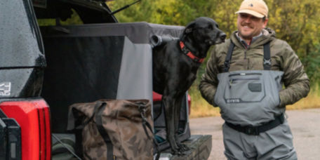A black lab emerges from inside a gray folding travel crate in the back of a truck