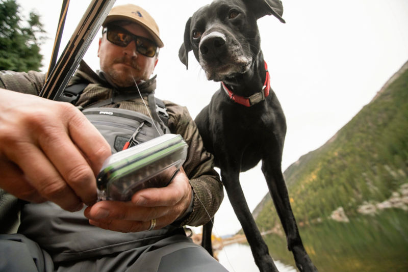 Man adjusts his angling accessories with his dog.
