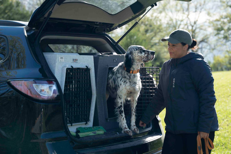 Melinda and her dog at the back end of a car with the trunk open.