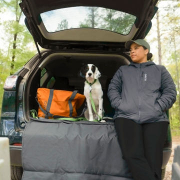 A woman looks out from her trunk with her dog.
