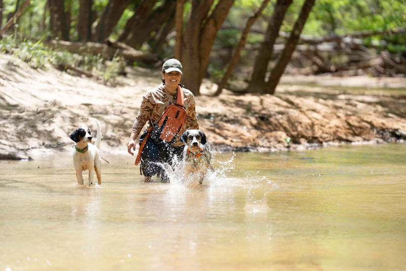 Melinda Benbow - Dog Training Expert - plays with her setter in a stream.