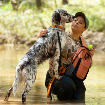 Dog stands at alert next to her owner in a river.