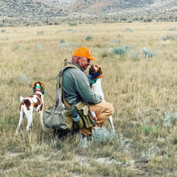 Dave Brown kneeling in a field with two hunting dogs