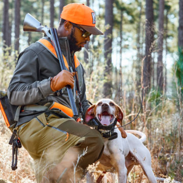 A hunter readies his dog in the middle of the woods.