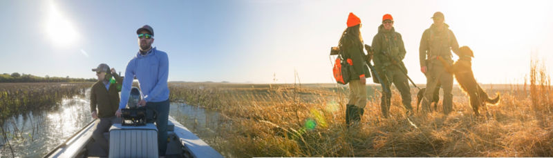 A 2 image collage showing anglers in a boat and a group of hunters with a dog.