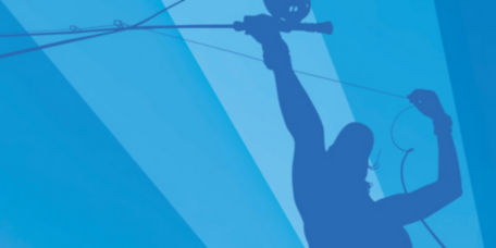 A blue silhouette of a woman casting her fly rod