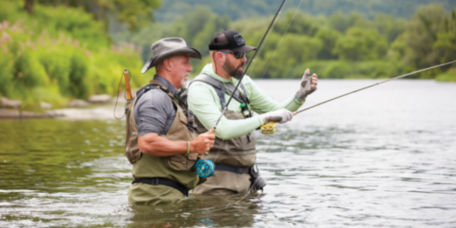 An Orvis instructor teaches a student, standing waist-deep in waders.