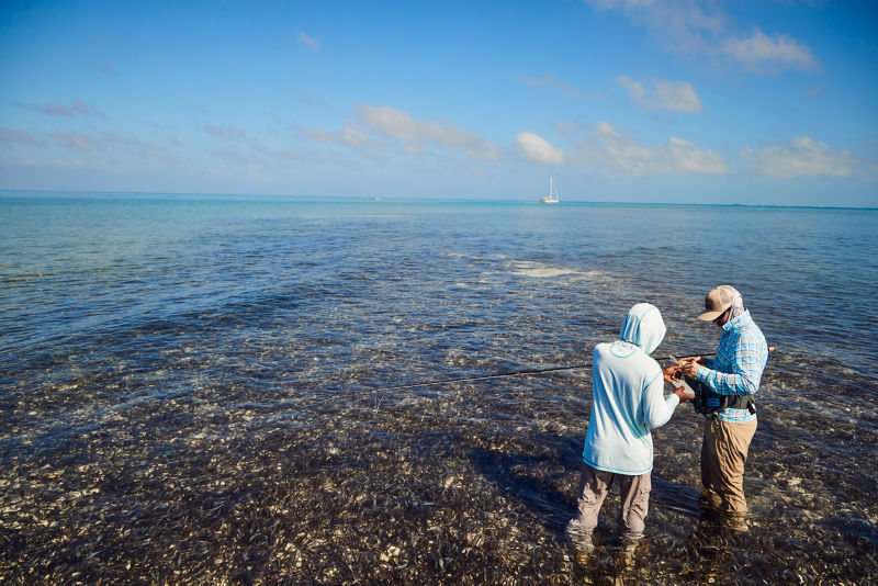 Two anglers wearing quick-dry pants wade in saltwater flats on a sunny day.