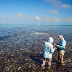 Two anglers wearing quick-dry pants wade in saltwater flats on a sunny day.